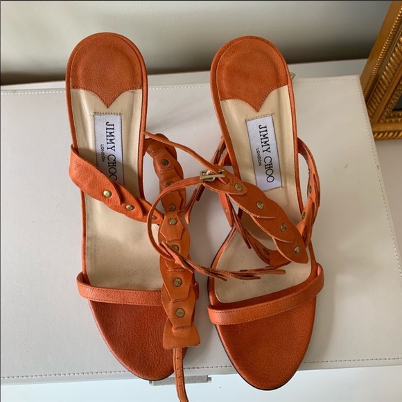 Jimmy Choo Orange & Brass Rivet Lace Sandals - Picture 3 of 8